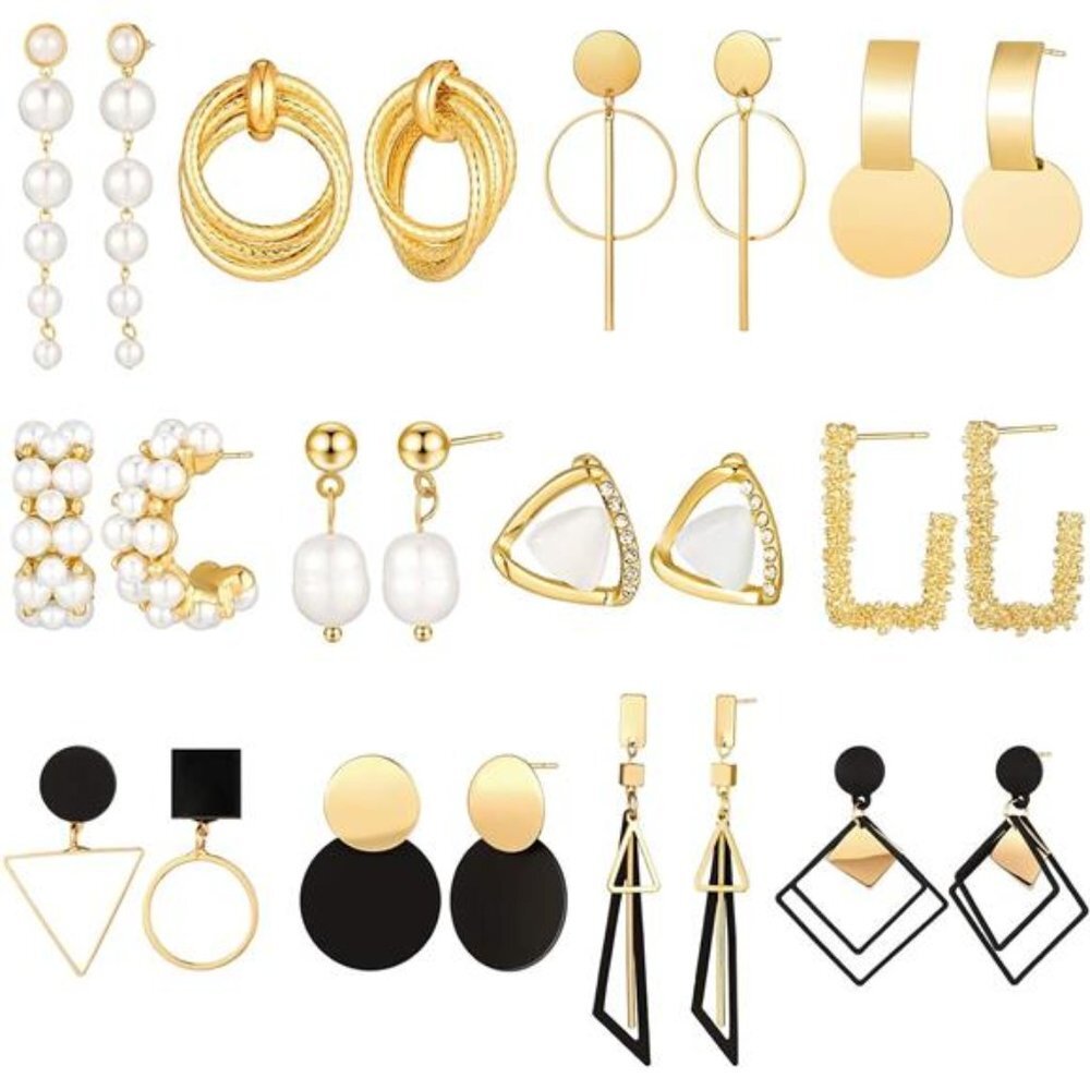12 Pairs Geometric Dangle Drop Earrings Pearl Hoop‎ Statement Earrings Set Pack